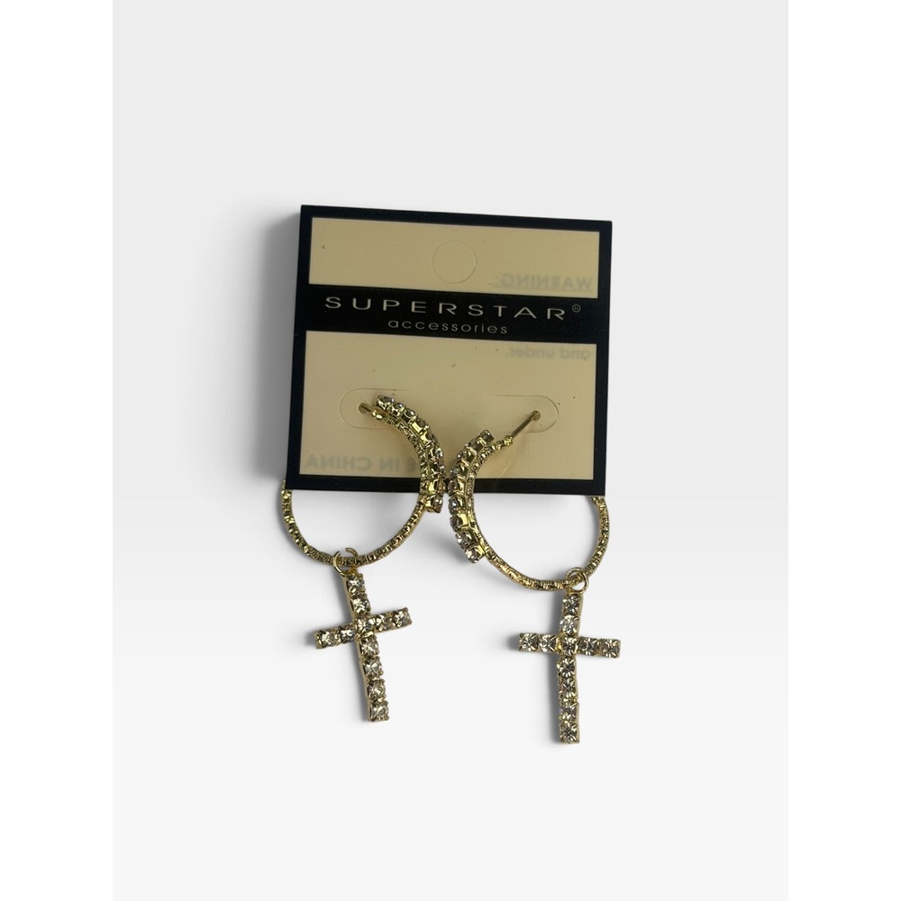 Superstar Accessories Gold Tone Rhinestone Cross Hoop Dangle Earrings NWT Y2K